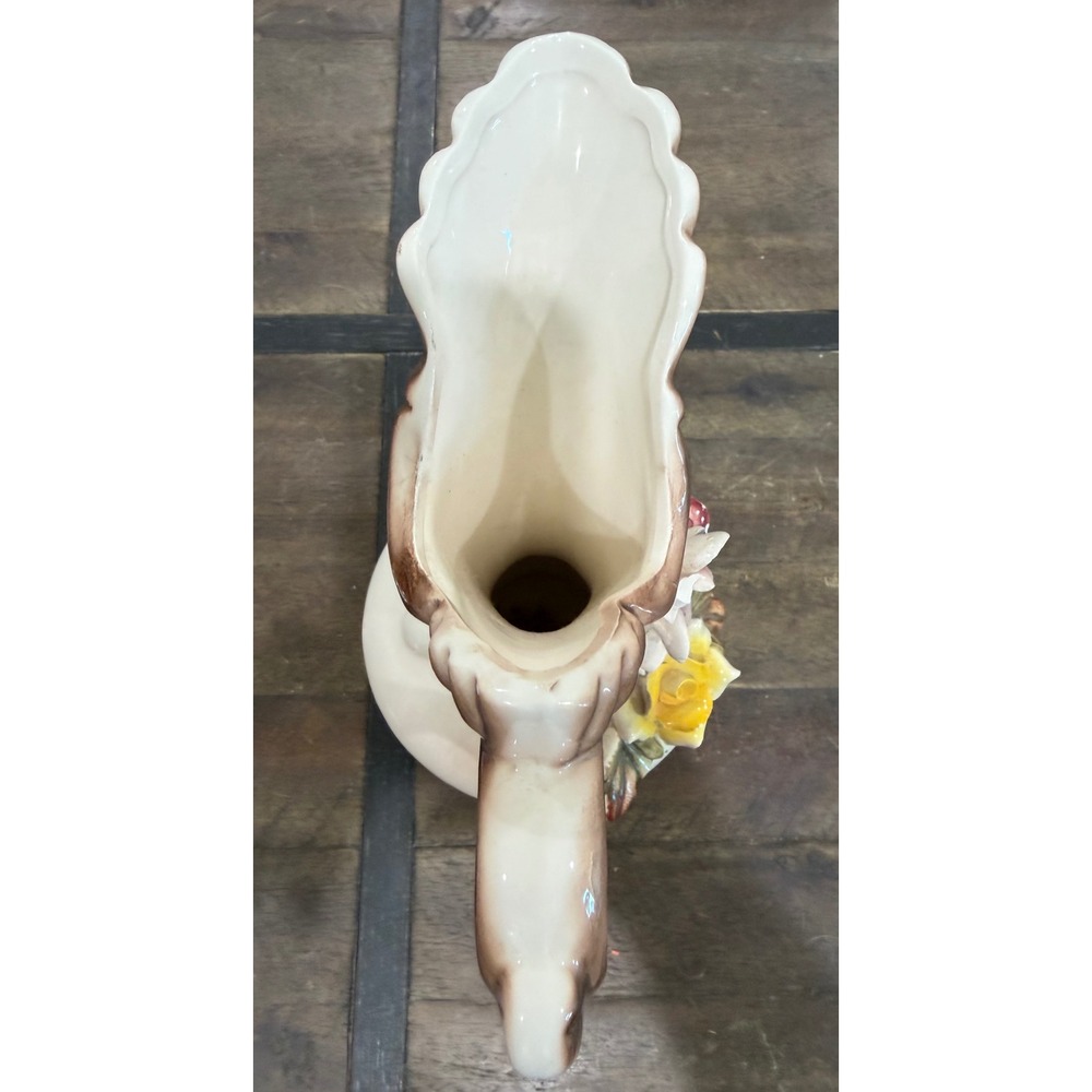 Vintage Ceramic Floral Pitcher Vase 3D Applied Flowers Cream Brown 10 Inch - Picture 5 of 5